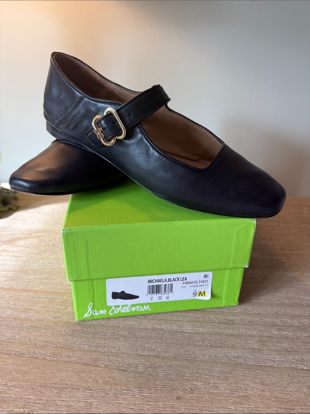 Sam Edelman Black Leather Mary Jane Flats with Gold Buckle